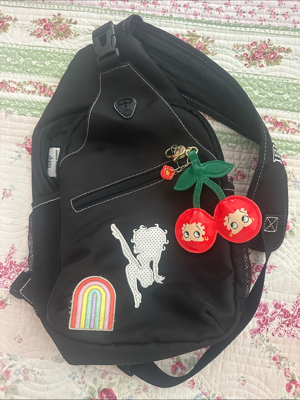 Betty Boop Black Kids Sling Backpack with Red Cherry Charm